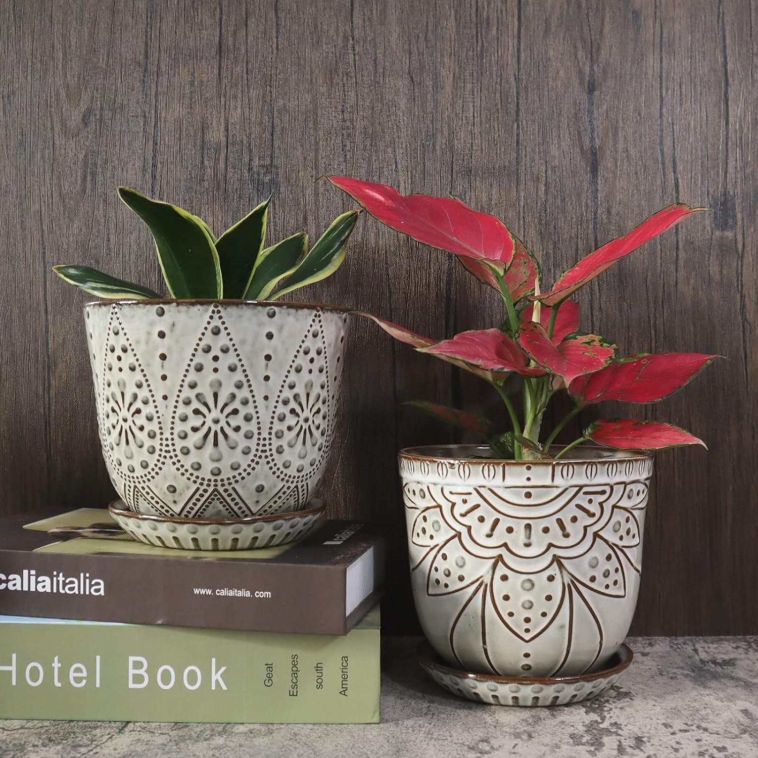 6 Inch Beaded Ceramic Planter Set of 2 with Drainage Hole and Saucer for Plants, Indoor-Outdoor Large round Succulent Orchid Flower Pot (Smoked Gray, Inner-Pots Not Larger than 5 Inch)