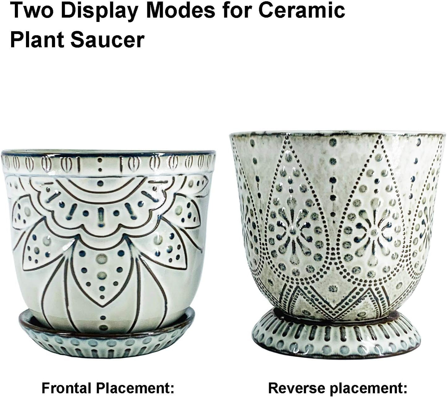 6 Inch Beaded Ceramic Planter Set of 2 with Drainage Hole and Saucer for Plants, Indoor-Outdoor Large round Succulent Orchid Flower Pot (Smoked Gray, Inner-Pots Not Larger than 5 Inch)