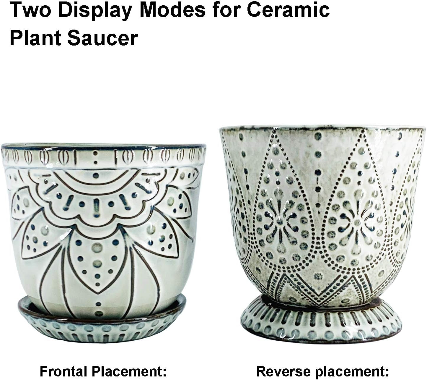 6 Inch Beaded Ceramic Planter Set of 2 with Drainage Hole and Saucer for Plants, Indoor-Outdoor Large round Succulent Orchid Flower Pot (Smoked Gray, Inner-Pots Not Larger than 5 Inch)