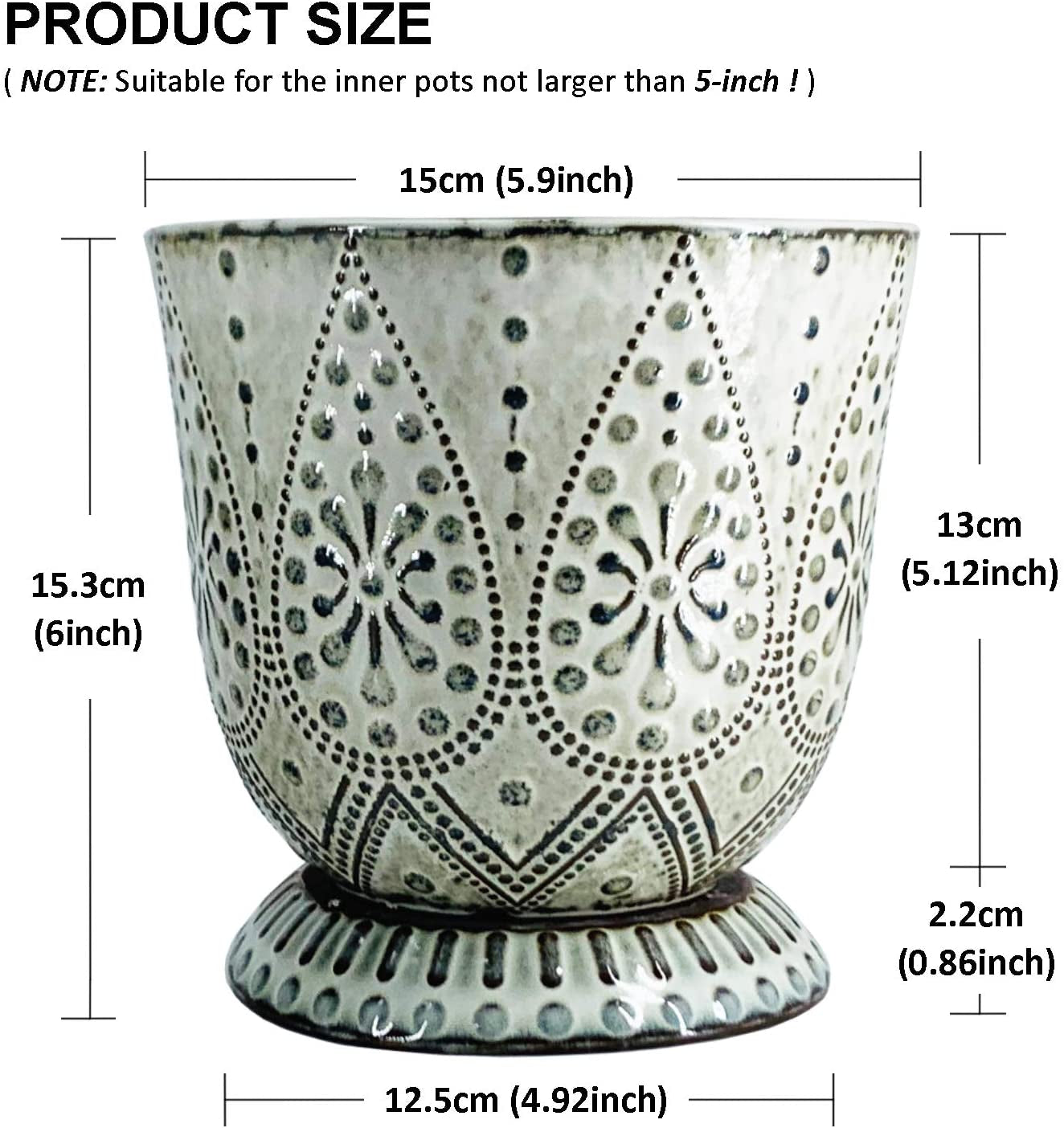 6 Inch Beaded Ceramic Planter Set of 2 with Drainage Hole and Saucer for Plants, Indoor-Outdoor Large round Succulent Orchid Flower Pot (Smoked Gray, Inner-Pots Not Larger than 5 Inch)