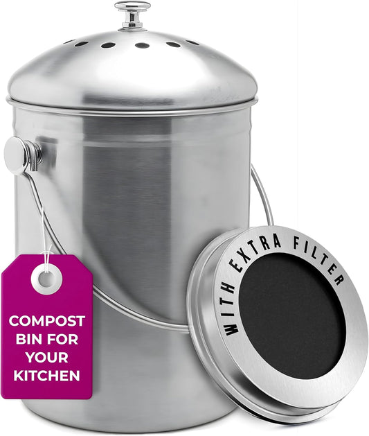Countertop Compost Bin Kitchen | 1.3 Gallon | Odorless Composting Bin with Carbon Filters | Indoor Compost Bin with Lid | Stainless Steel Kitchen Composter for Food Scraps & Waste Recycling