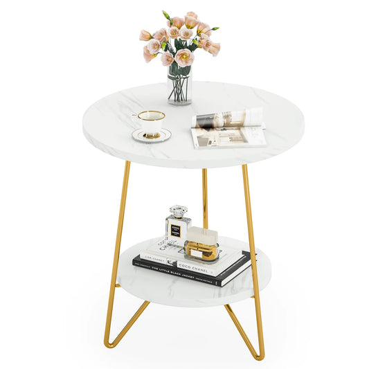 Faux Marble End Table, 2 Tier round Side Table with Shelves, Modern Nightstand Bedside Table Small Coffee Table