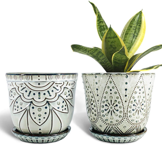 6 Inch Beaded Ceramic Planter Set of 2 with Drainage Hole and Saucer for Plants, Indoor-Outdoor Large round Succulent Orchid Flower Pot (Smoked Gray, Inner-Pots Not Larger than 5 Inch)